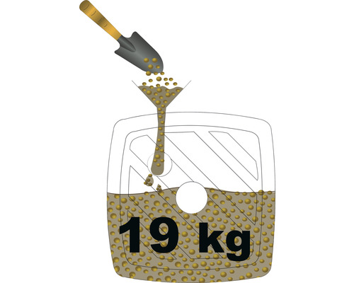 Illustration av 19 kilogram frö som fylls i en förpackning med en spade