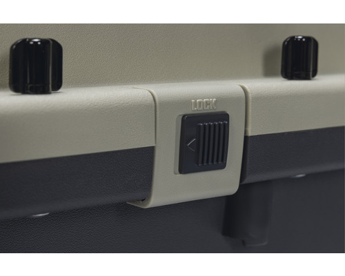 Detaljvy av ett lås med inskriptionen Lås på en transportbox