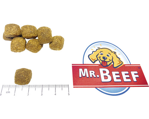 Mr. Beef logotyp med hundfoder pellets