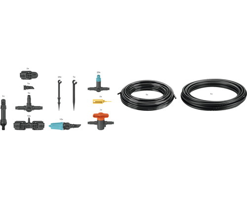 Trädgårdsbevattningssystem med slangar, kopplingar och markspett för trädgårdsbevattning