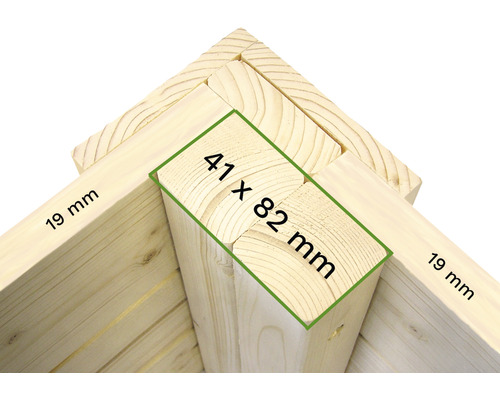 Detaljvy av en träram som mäter 41 x 82 millimeter och 19 millimeter
