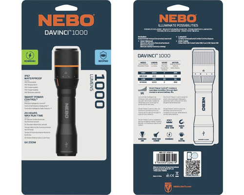 NEBO DaVinci 1000 ficklampa i förpackning