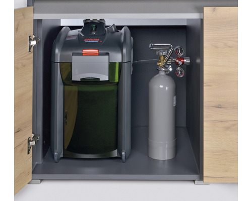 Akvariumskåp med externt filter och CO2-flaska