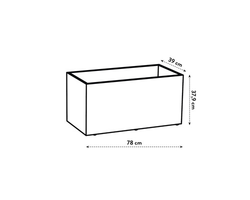 Rektangulär blomlåda med måtten 78 cm lång, 39 cm bred och 37,9 cm hög.