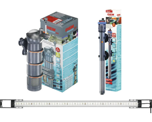 Akvarietillbehör: Innerfilter, reglerbar värmare och LED-ljusramp