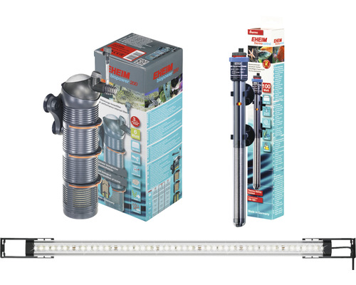 Akvarium innerfilter, akvariumvärmare och LED ljusramp