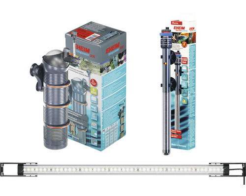EHEIM innerfilter, doppvärmare och akvarielampa