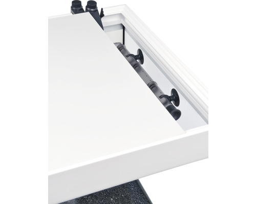 Invändig vy av ett akvarium med filter och tillbehör