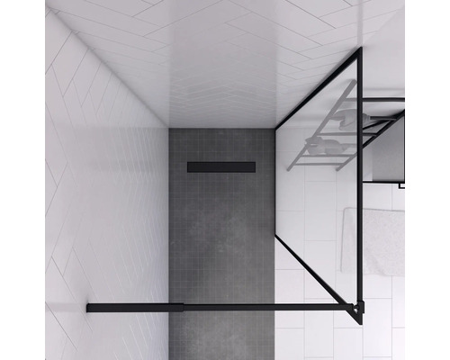 Walk-in dusch med glasvägg och svart ram i modernt badrum