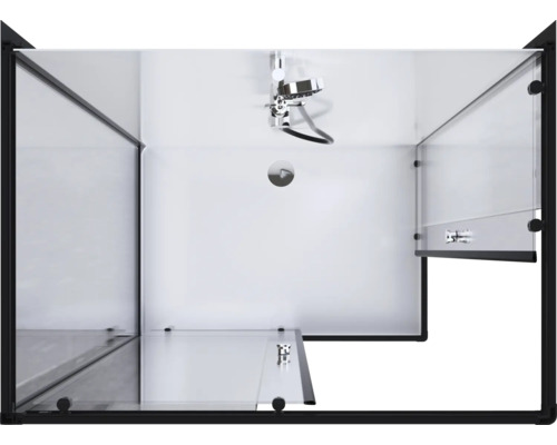 Vy ovanifrån på en duschkabin med glasdörrar och svart ram, inklusive duschhuvud och blandare