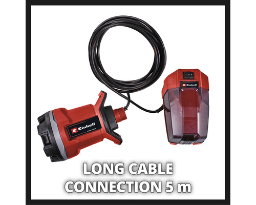 Einhell logotyp. Dränkbar pump för smutsvatten med fem meters kabel och batterihus
