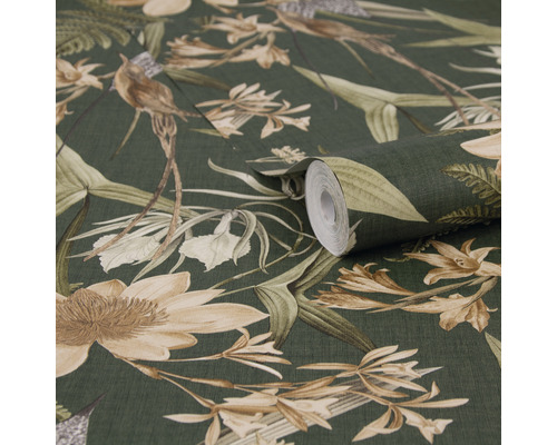 Tapet med blommönster i naturliga färger på mörk bakgrund