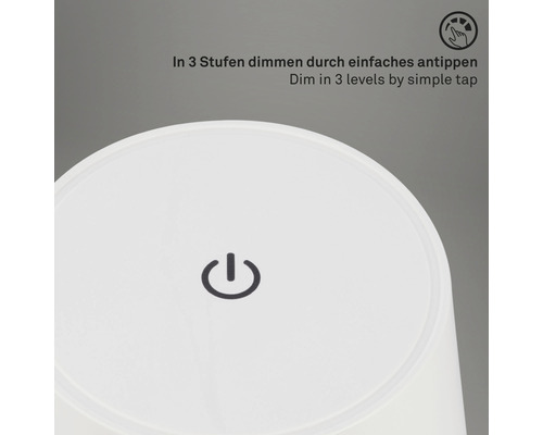 Närbild av en lampa med pekfunktion för att dimma i tre steg och en strömsymbol