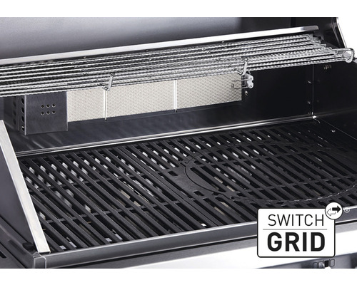 Inre vy av en gasolgrill med grillgaller och varmhållningsgaller