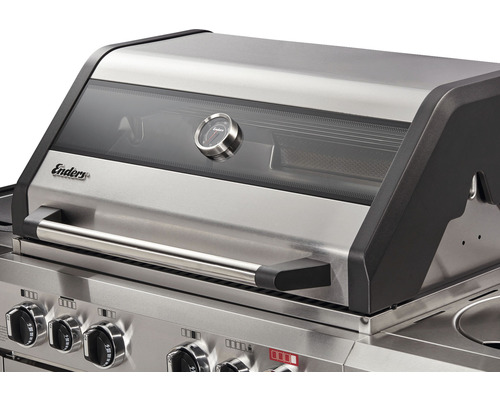 Detaljvy av en Enders gasolgrill med termometer i locket.