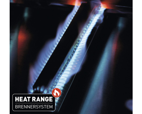 Närbild av en brinnande grill med Heat Range brännsystem