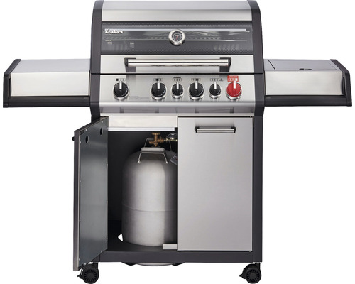 Gasolgrill i rostfritt stål med öppen lucka och gasoltub