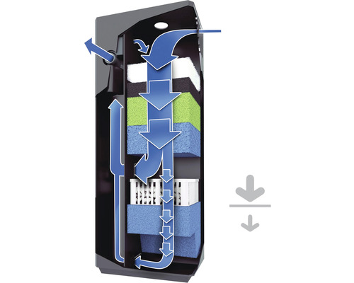 Funktion av ett akvariefilter med grafiska pilar som visar vattenflödet