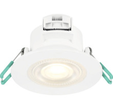 Rund LED-downlight i vitt med sidomonteringsklämmor för takmontering.