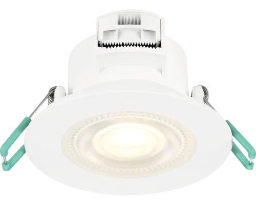 Rund LED-downlight i vitt med sidomonteringsklämmor för takmontering.