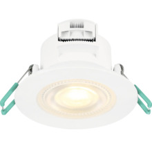 LED downlight för takmontering med varmvitt ljus och sidomonterade fjäderklämmor för installation.
