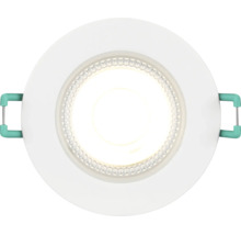 Rund LED-downlight med vit ytterring och monteringsfjädrar på sidorna.