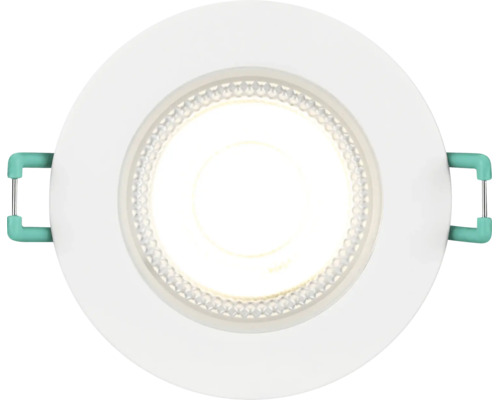 Rund LED-downlight med vit ytterring och monteringsfjädrar på sidorna.