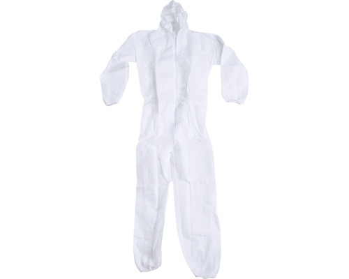 Vit skyddsoverall med huva.
