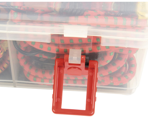 Transparent förvaringsbehållare med elastiska spännband och rött handtag