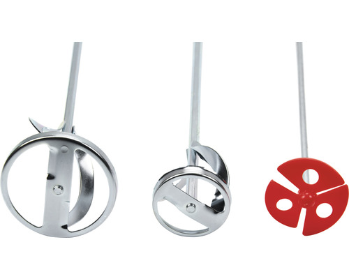 Tre omrörare med olika omrörningskorgar av metall och plast