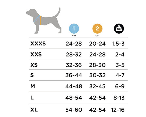 Storlekstabell för hundselar med storlekar från XXXS till XL och tillhörande mått i centimeter och vikt rekommendationer i kilogram.