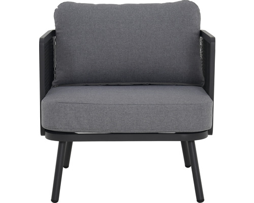 Trädgårdsfåtölj med tygkuddar och metallram