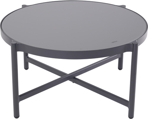 Runt trädgårdsbord med glasskiva och metallram