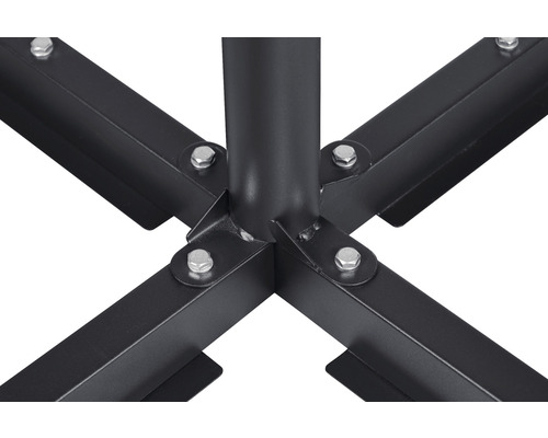 Detaljbild av metallfoten på ett parasoll med skruvar