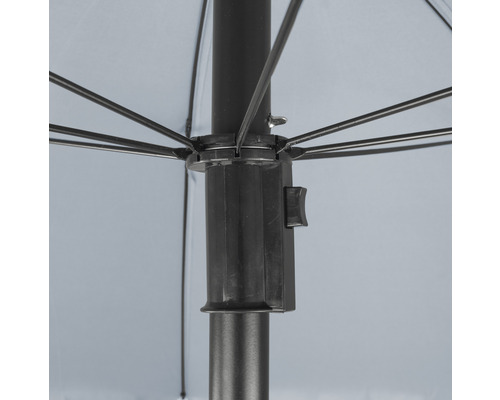 Detaljbild av ett parasoll med svart stång och ribbor