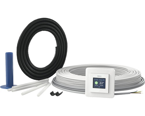 Elektrisk golvvärme med temperaturregulator, värmekabel, installationsrör och tillbehör