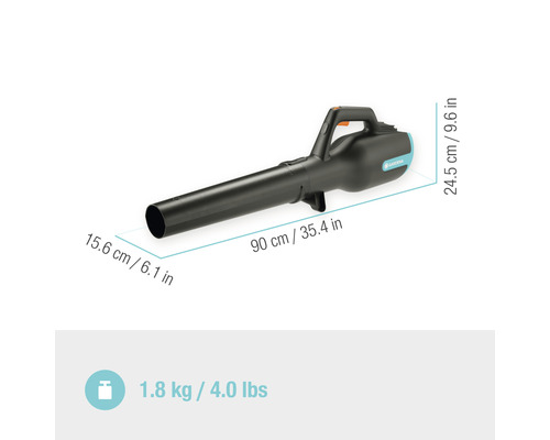 Gardena batteridriven lövblås med måtten 90 gånger 15,6 gånger 24,5 centimeter och en vikt på 1,8 kilogram.