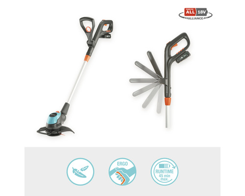 Batteridriven grästrimmer med justerbart handtag och kantklippningsfunktion