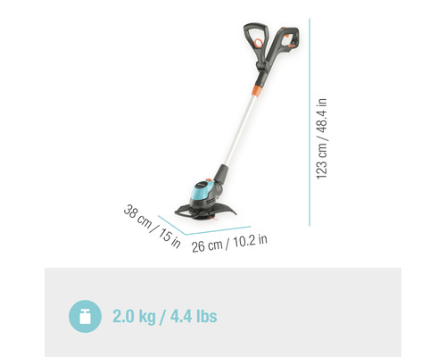 Grästrimmer med måtten 38 centimeter gånger 26 centimeter, en längd på 123 centimeter och en vikt på 2,0 kilogram.