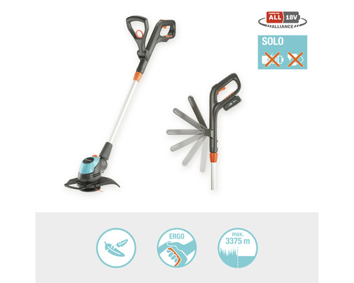 Gardena batteridriven grästrimmer med SOLO-symbol, som inte inkluderar batteri, och symboler för enkel användning
