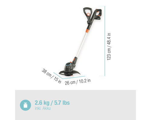 Batteridriven grästrimmer med måttangivelser