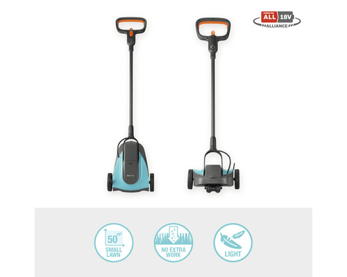 Två vyer av en Gardena batteridriven grästrimmer för små gräsmattor