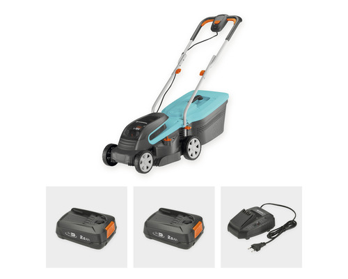 Gardena batteridriven gräsklippare set med två batterier och laddare