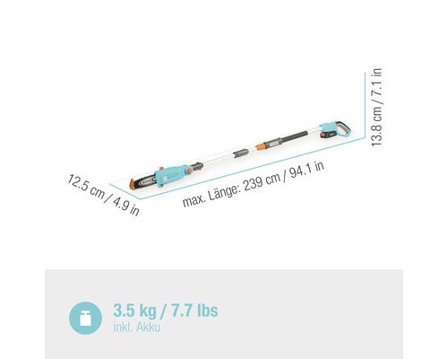 Gardena batteridriven stångsåg med storleksinformation