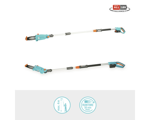 Två Gardena batteridrivna stångsågar med teleskopskaft