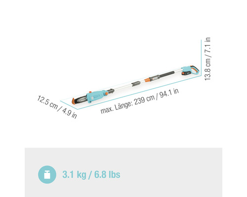 Gardena batteridriven stångsåg med mått