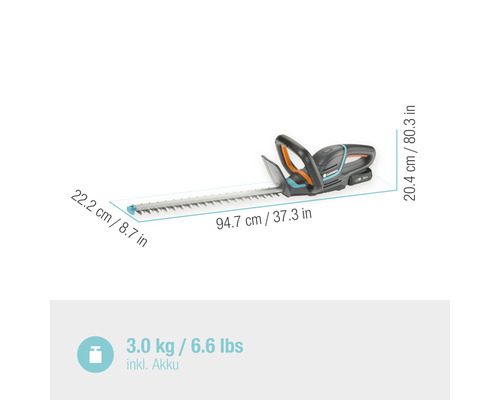 Gardena batteridriven häcksax med dimensioner