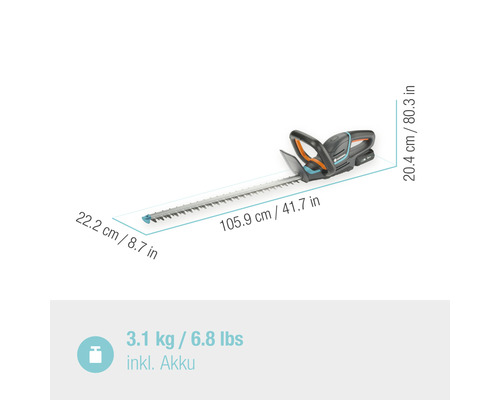 Gardena batteridriven häcksax med måttangivelser