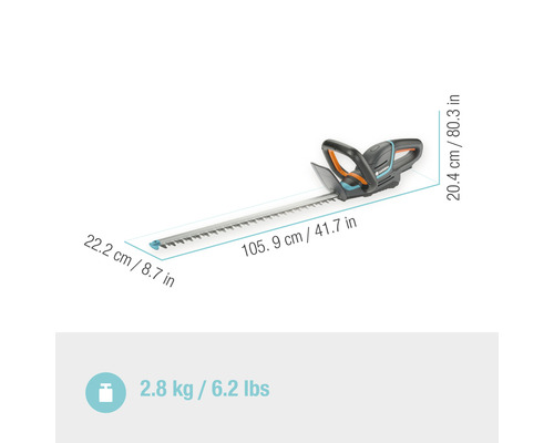 Gardena batteridriven häcksax med dimensioner