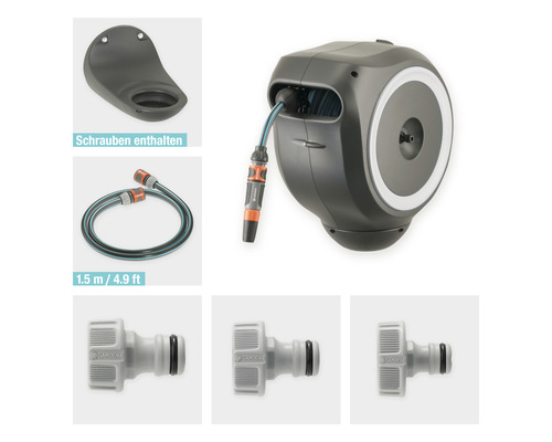 Gardena slangbox med vägghållare, trädgårdsslang och anslutningsstycken